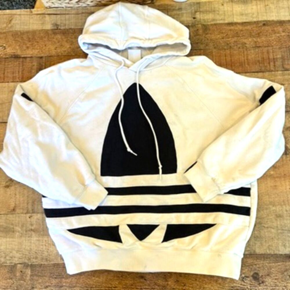 Adidas Black White Big Logo Hoodie Sweatshirt Trefoil Large Cotton - Picture 3 of 11